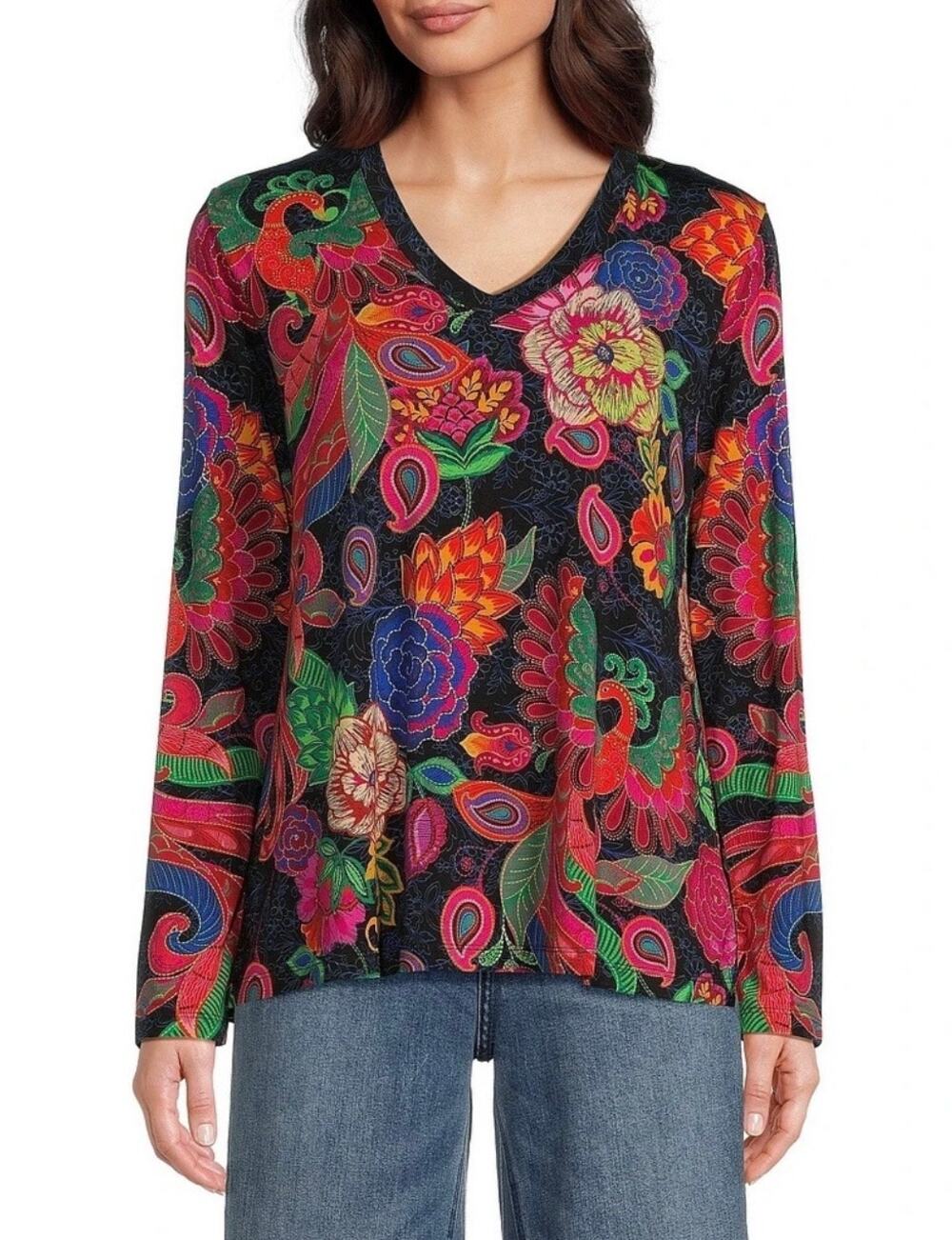 Johnny Was Janie Favorite Exotic Floral Long Sleeve V-neck Tunic Women's XXL